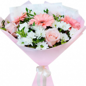  Antalya Flowers Order Buket Pembe Gerbera Gül Beyaz Krizantem Şık