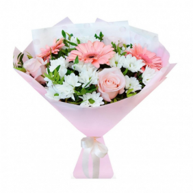  Antalya Flowers Order Buket Pembe Gerbera Gül Beyaz Krizantem Şık